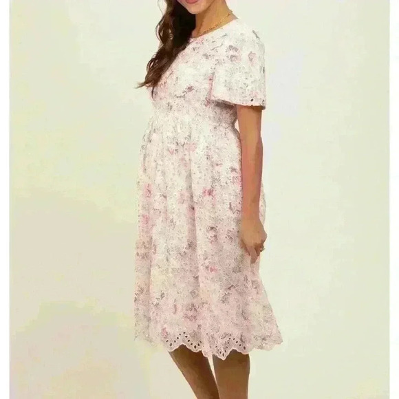 Pinkblush Ivory Floral Embroidered Eyelet Maternity Midi Dress - Picture 2 of 5